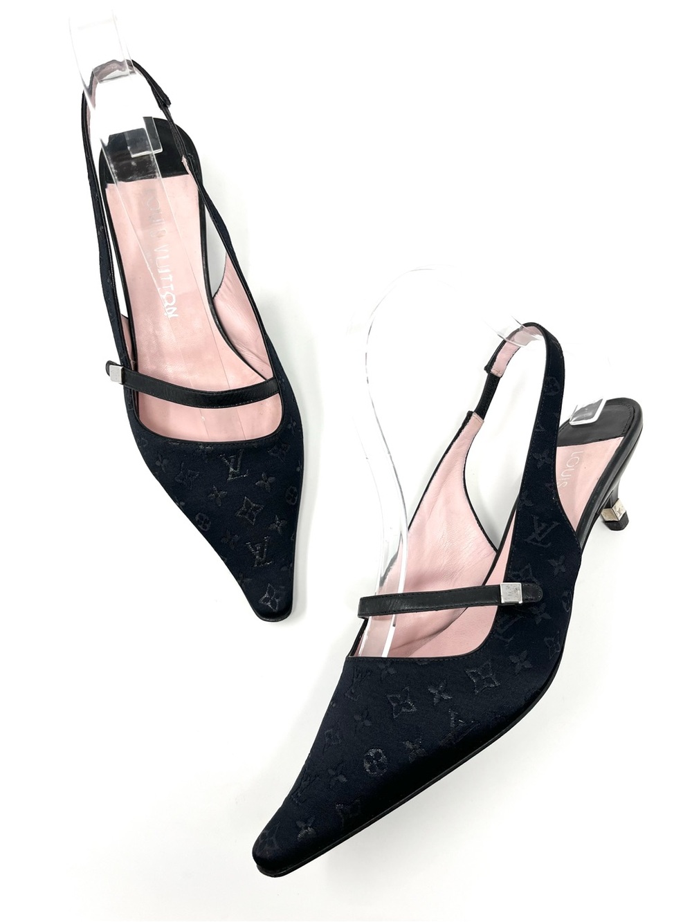 Vintage Louis Vuitton 90s Y2K Black Logo Monogram Slingback Kitten Heels 37.5 - Picture 12 of 12